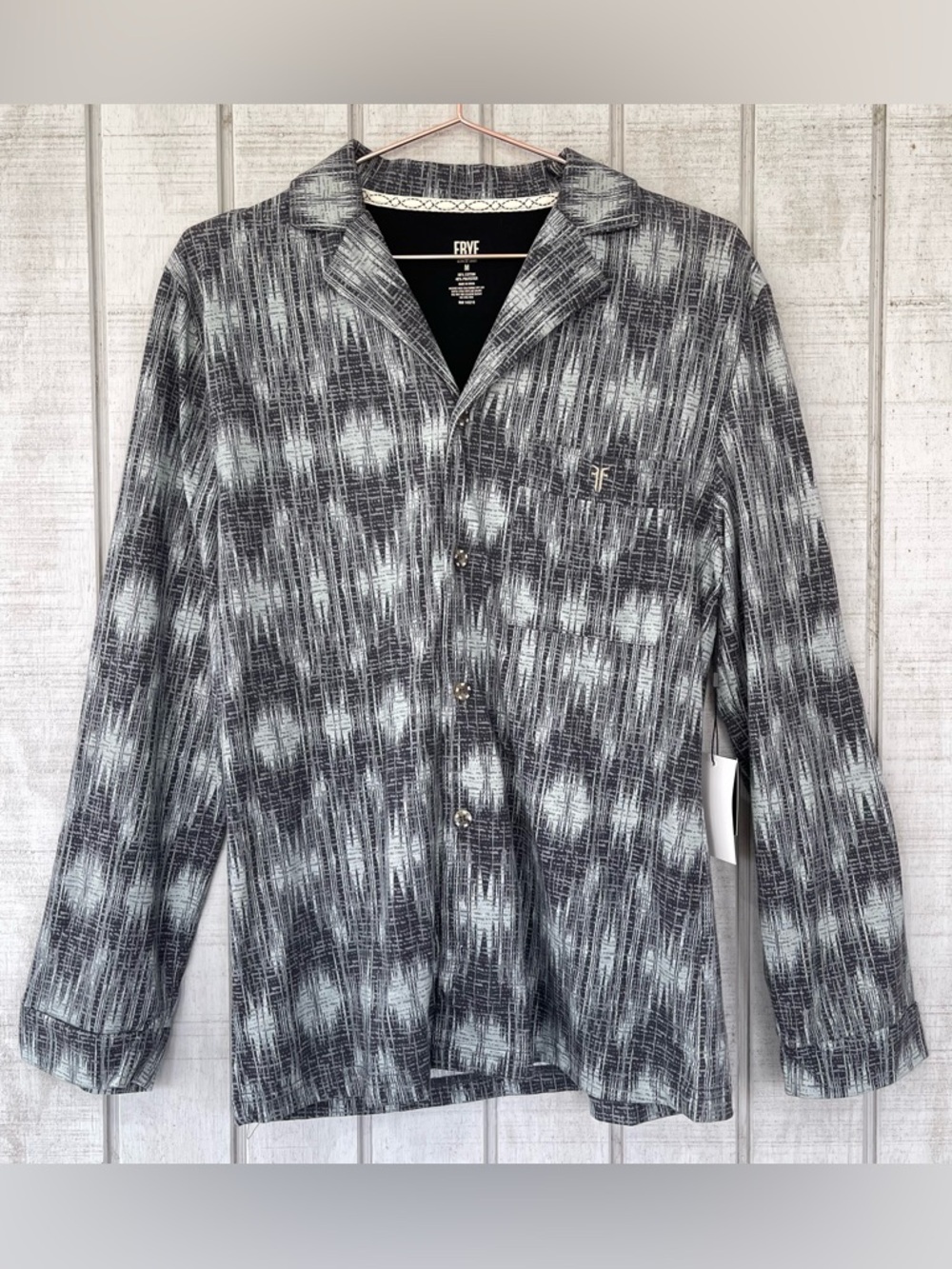Frye Black Gray Geometric Pajama Shirt NWT Notched Collar Medium
